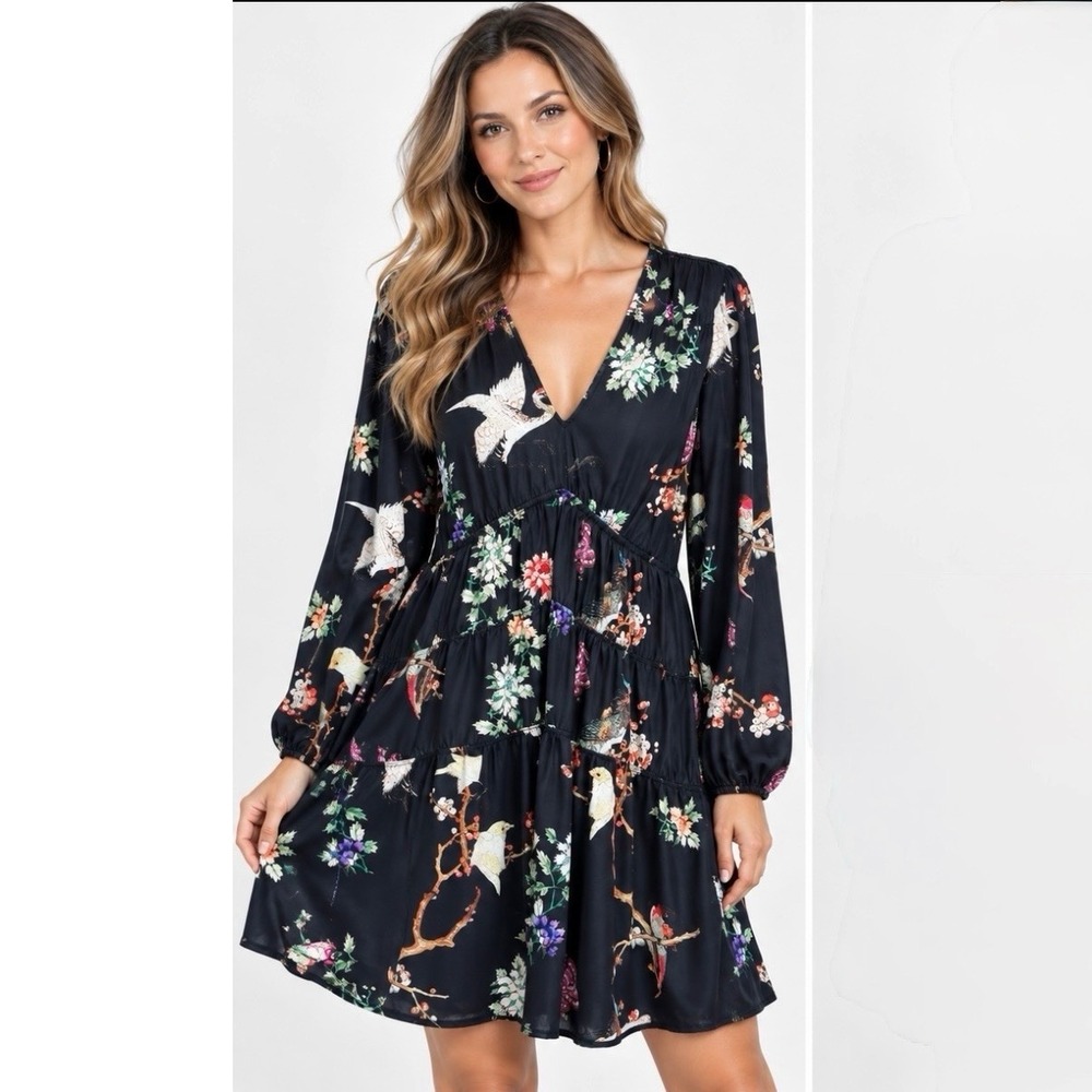 Hale Bob Black Floral Bird Long Sleeve Tiered Stretch Flare Dress Size SMALL